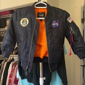 Kids NASA Bomber Jacket in Black with Orange Lining